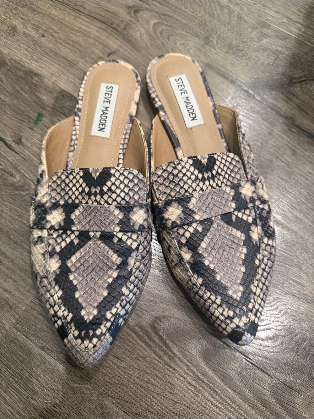 Steve Madden Snake-Print Pointed Slip-On Mules in Taupe and Black